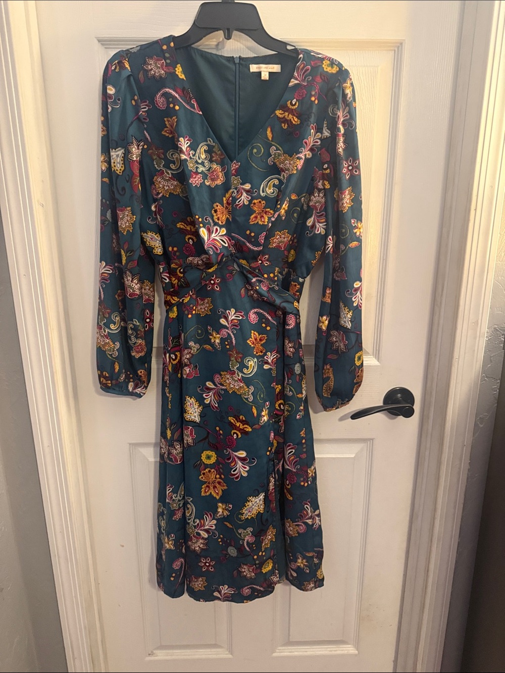 Skies Are Blue Teal Floral Paisley Long Sleeve Wrap Dress